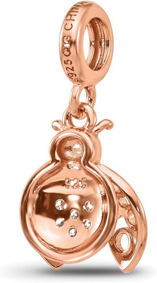JewelryWeb 2mm 925 Sterling Silver Reflections Rose Gold Plated Cubic Zirconia Lady Bug Dangle Bead Charm Pendant Necklace for Women