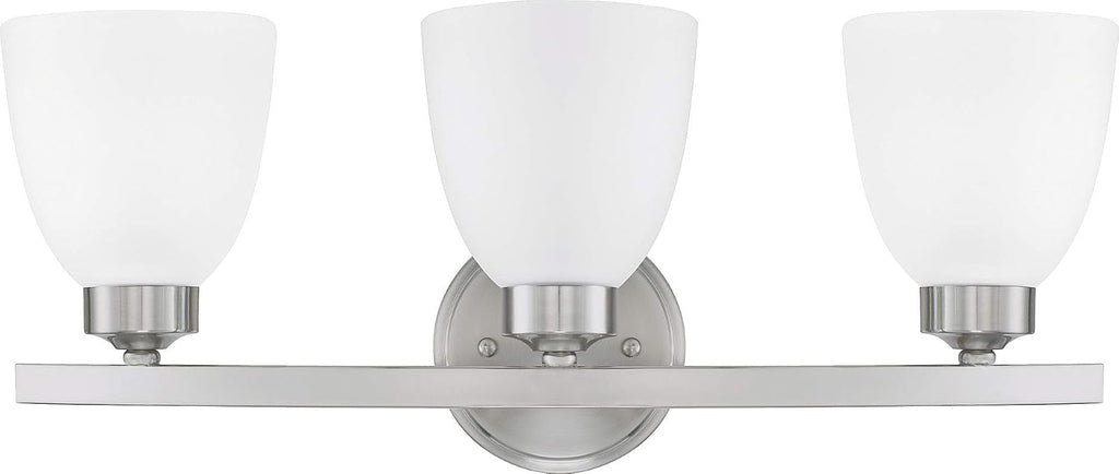 HomePlace Lighting 114331BN-333 Jameson Transitional Soft White Glass Bathroom Vanity Wall Light, 3-Light 300 Total Watts, 9' H x 21' W, Brushed Nickel