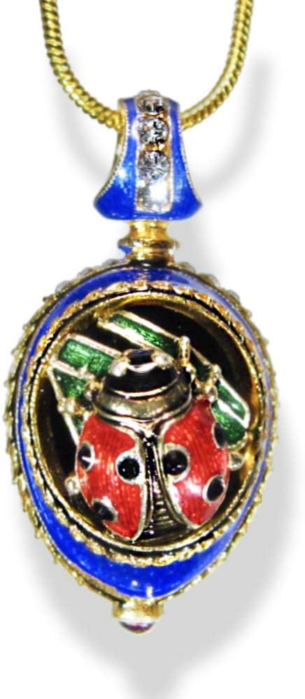 Ladybug Necklace Good Luck Guilloché Blue Enamel Egg Pendant Sterling Silver Crystals Genuine Garnet Gold Plate 24 inch Chain