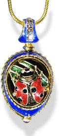 Ladybug Necklace Good Luck Guilloché Blue Enamel Egg Pendant Sterling Silver Crystals Genuine Garnet Gold Plate 24 inch Chain
