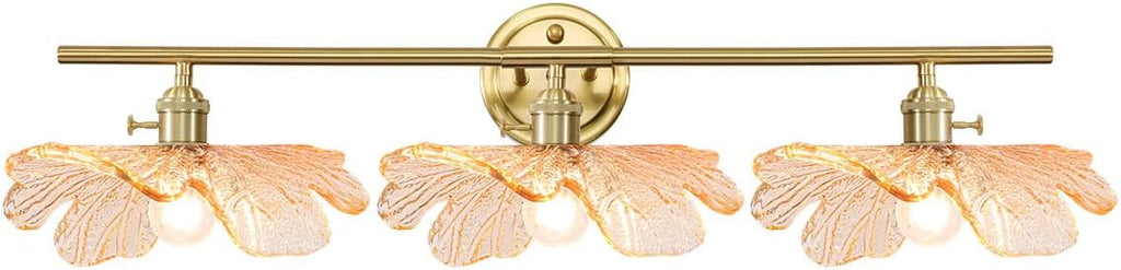 Gold Brass Bathroom Lighting Fixtures 3 Light Vintage Retro Wall Mount Light with Amber Flower Petal Glass Shade, Mid Century Vanity Lights Over Mirror for Living Room Hallway
