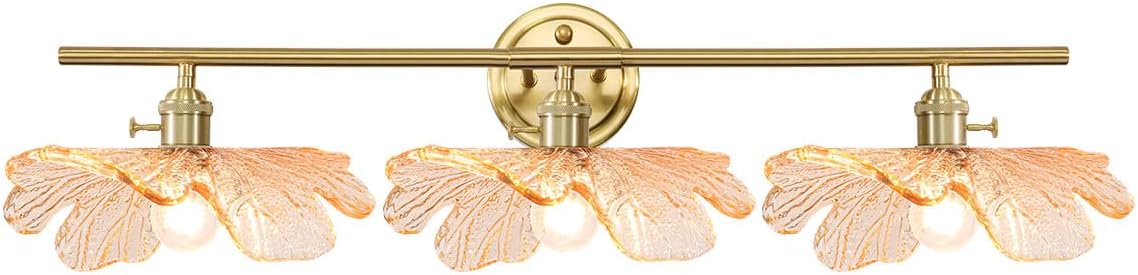 Gold Brass Bathroom Lighting Fixtures 3 Light Vintage Retro Wall Mount Light with Amber Flower Petal Glass Shade, Mid Century Vanity Lights Over Mirror for Living Room Hallway