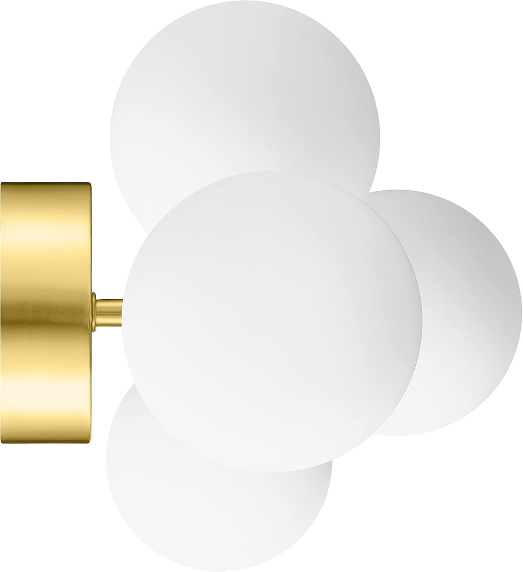 Bathroom Vanity Lights, 5-Light Bathroom Light Fixtures, Mid Century Modern Gold Bathroom Light Ceiling Light, Dimmable LED Wall Sconces Semi-Flush Mount Light Fixture with Milk Glass, Gold Brushed