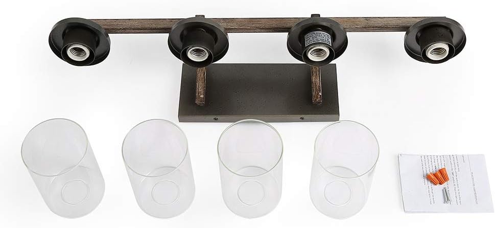 LALUZ Bathroom Vanity Light Fixtures, Farmhouse Vanity Lighting with Clear Glass Shades, Faux Wood, 4-Light, 28'' L x 6.3'' W x 8.7'' H
