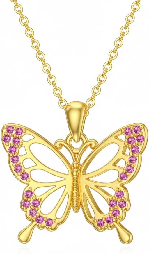 DOVRAN Real Solid Gold Birthstone Butterfly/Dragonfly/Bee/Hummingbird Necklace for Women Yellow Gold Animal Pendant for Christmas Dainty Jewelry Birthday Gifts for Mom Wife