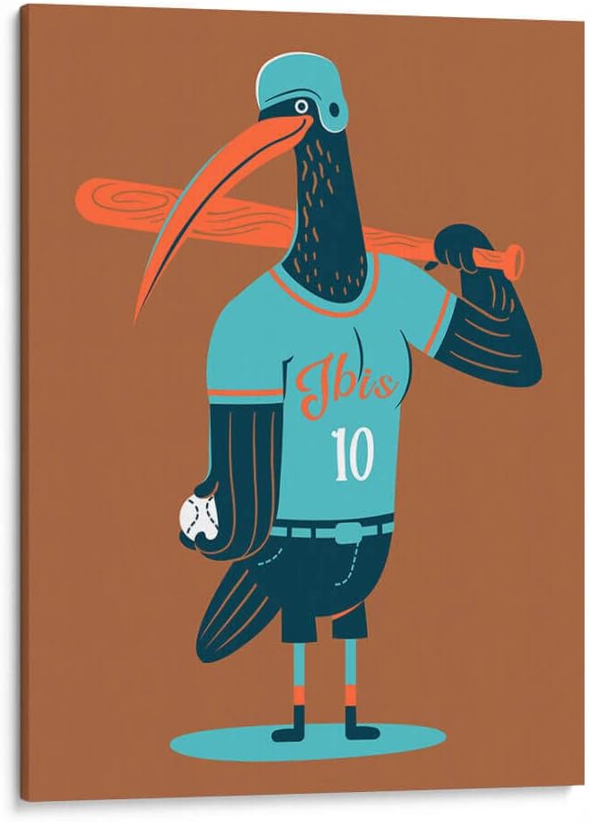 Canvas Lab | The Major League Baseball Playing Ibis by Najesi | 18 x 24 in | Canvas Print Wall Art | Illustrations, Kids | Wall Decor for Bedroom, Living Room or Office