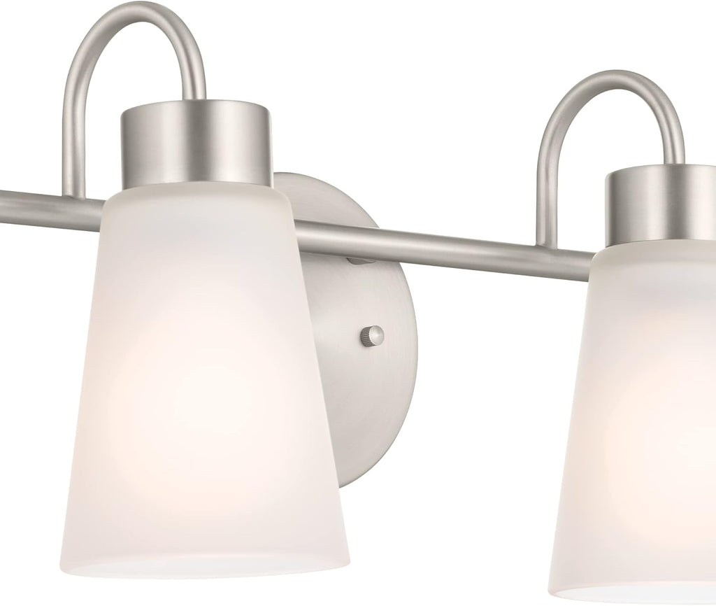 Kichler Erma 4-Light Bathroom Vanity Light Fixture with Satin Etched Glass Shades, Brushed Nickel Wall Mount over Mirror Lighting for Bathroom Vanity (32.5' x 8.5' x 6'), 55127NI