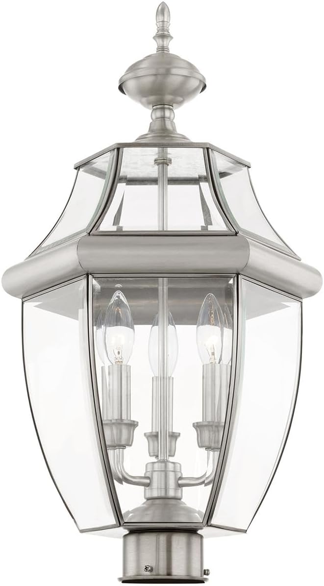 Livex Lighting 2354-91 Monterey 3 Light Outdoor Brushed Nickel Finish Solid Brass Post Head with Clear Beveled Glass