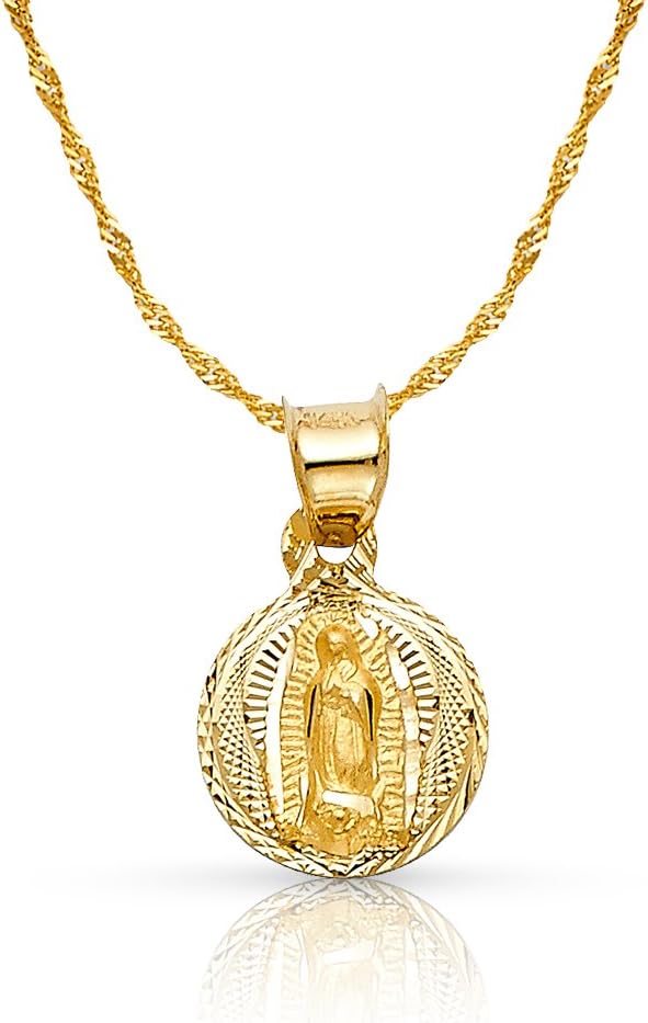 Ioka 14K Yellow Gold Diamond Cut Our Lady of Guadalupe Stamp Charm Pendant with 0.9mm Singapore Chain Necklace