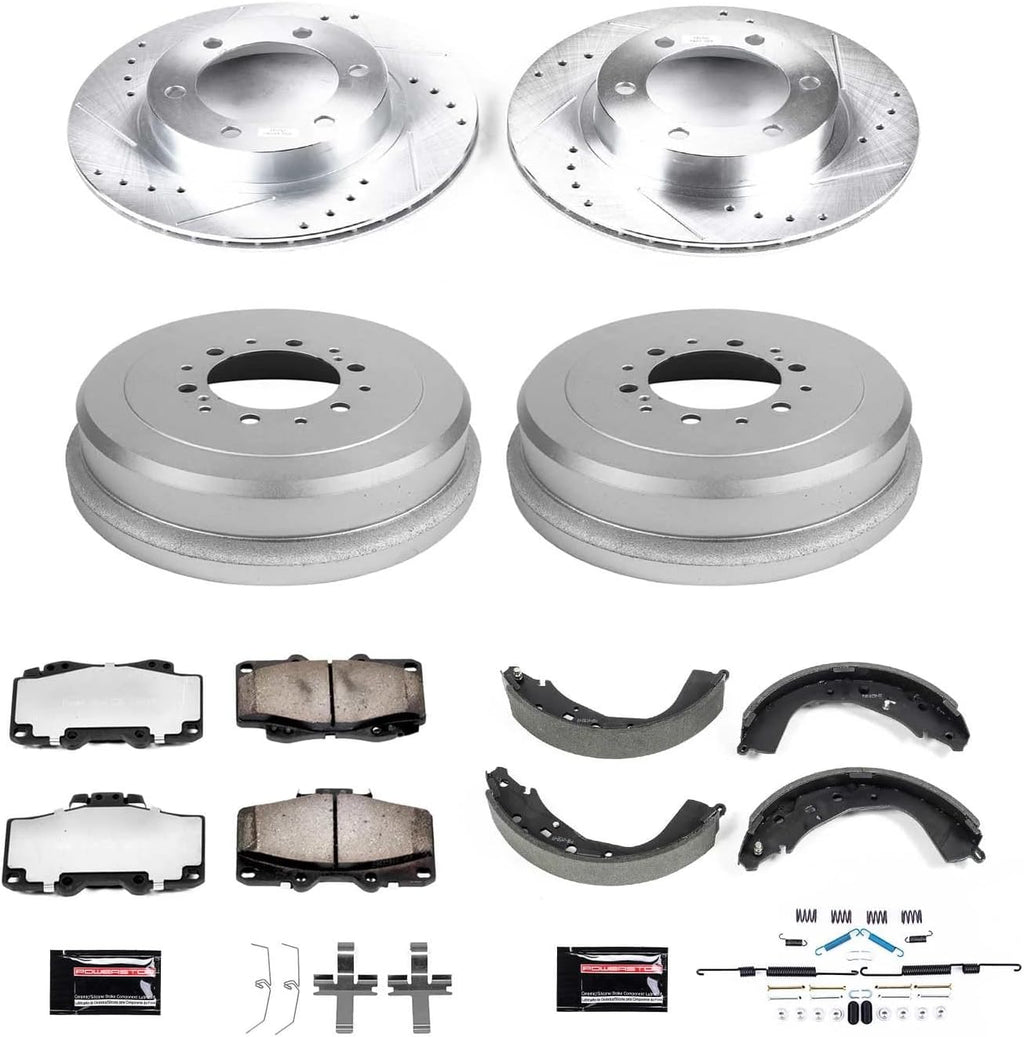 PowerStop Front & Rear Brake Kit + Drums For Toyota 4Runner 2001-02 | Toyota Tacoma 2004 - Truck & Tow Carbon Fiber Ceramic Brake Pads + Drilled & Slotted Rotors Upgrade, K15213DK-36