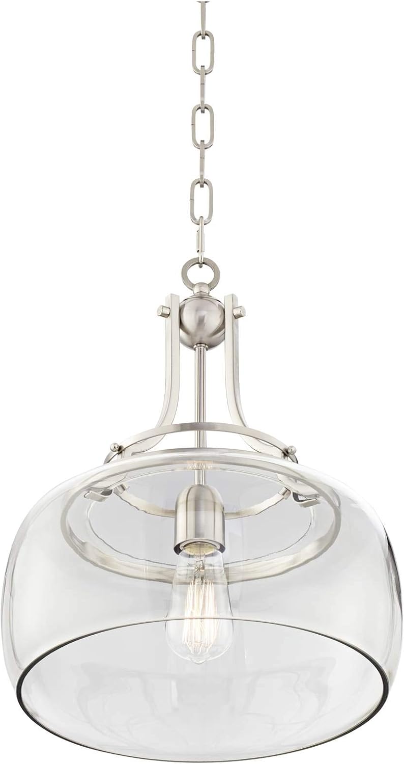 Franklin Iron Works Pendant Light Fixture - Charleston Brushed Nickel, Clear Glass, Farmhouse Pendant Light for Kitchen Islands, Living Rooms, Dining Rooms, and Bedrooms - 13 1/2' Wide, 16' High