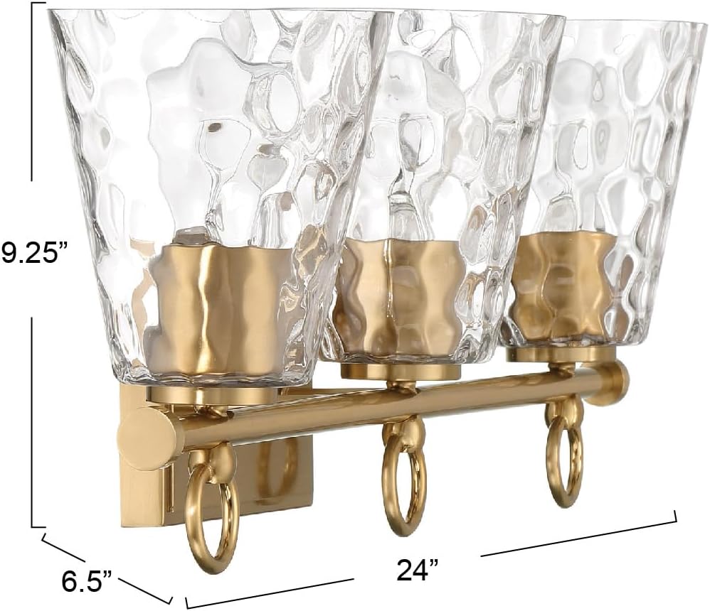 Imogen - Metal and Hammered Water Glass 3-Light Vanity Light, Brushed Gold