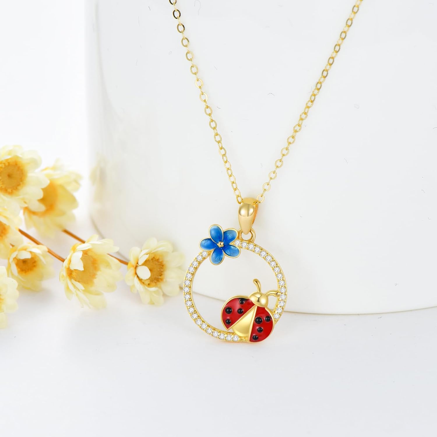 Ladybug Pendant Necklace for Women 14K Real Gold Enamel Ladybug with Flower Necklace Cute Jewelry Gift for Her in 16-18'