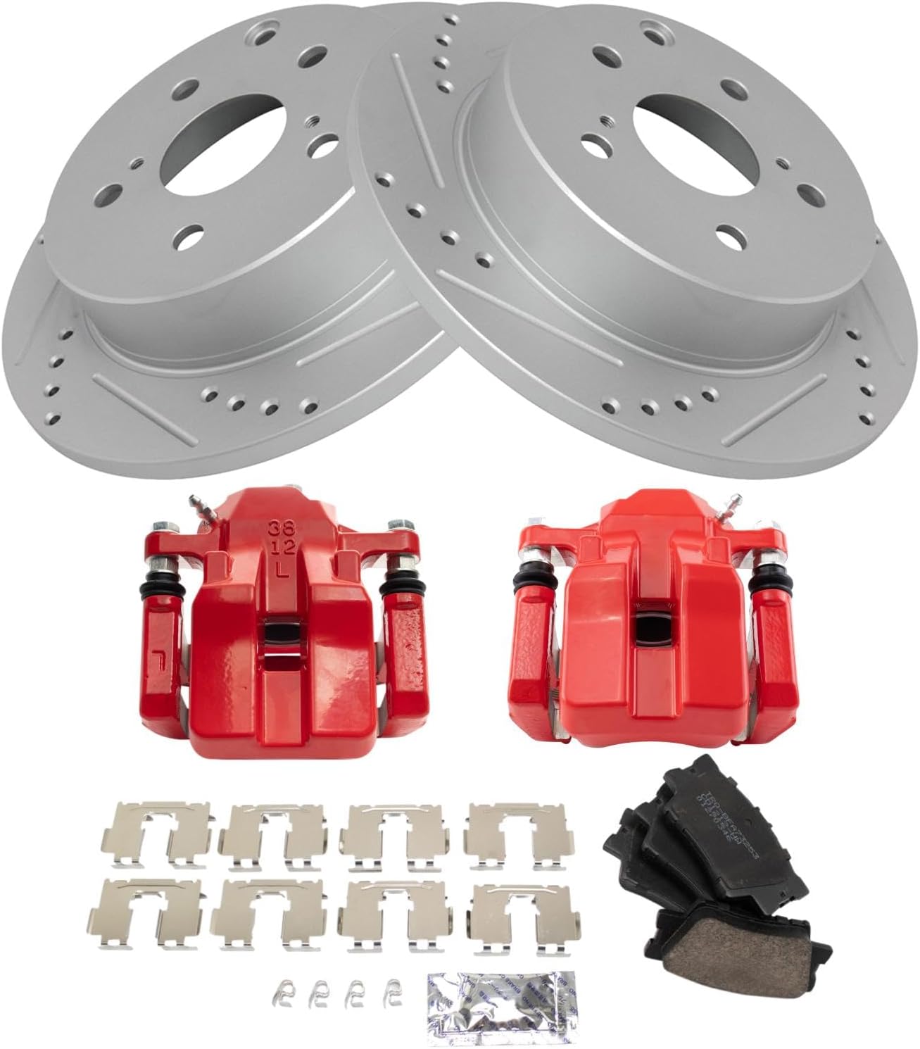 TRQ Performance Rear Brake Pad and Rotor Set Ceramic Slotted Drilled Coated Rotors Calipers Red Compatible with 2012-2018 Toyota RAV4