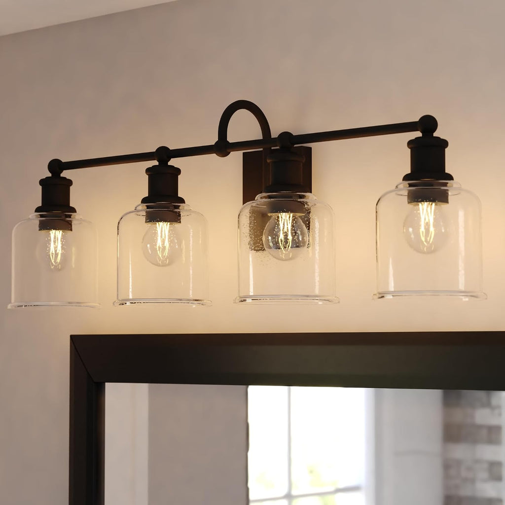 VAXCEL Northbrook 4-Light 32 in. Wide Matte Black Traditional Bathroom Vanity Lighting Fixture, Clear Seeded Glass Shade, Dimmable, LED Compatible, Over the Mirror Mounted Steel Wall Sconce