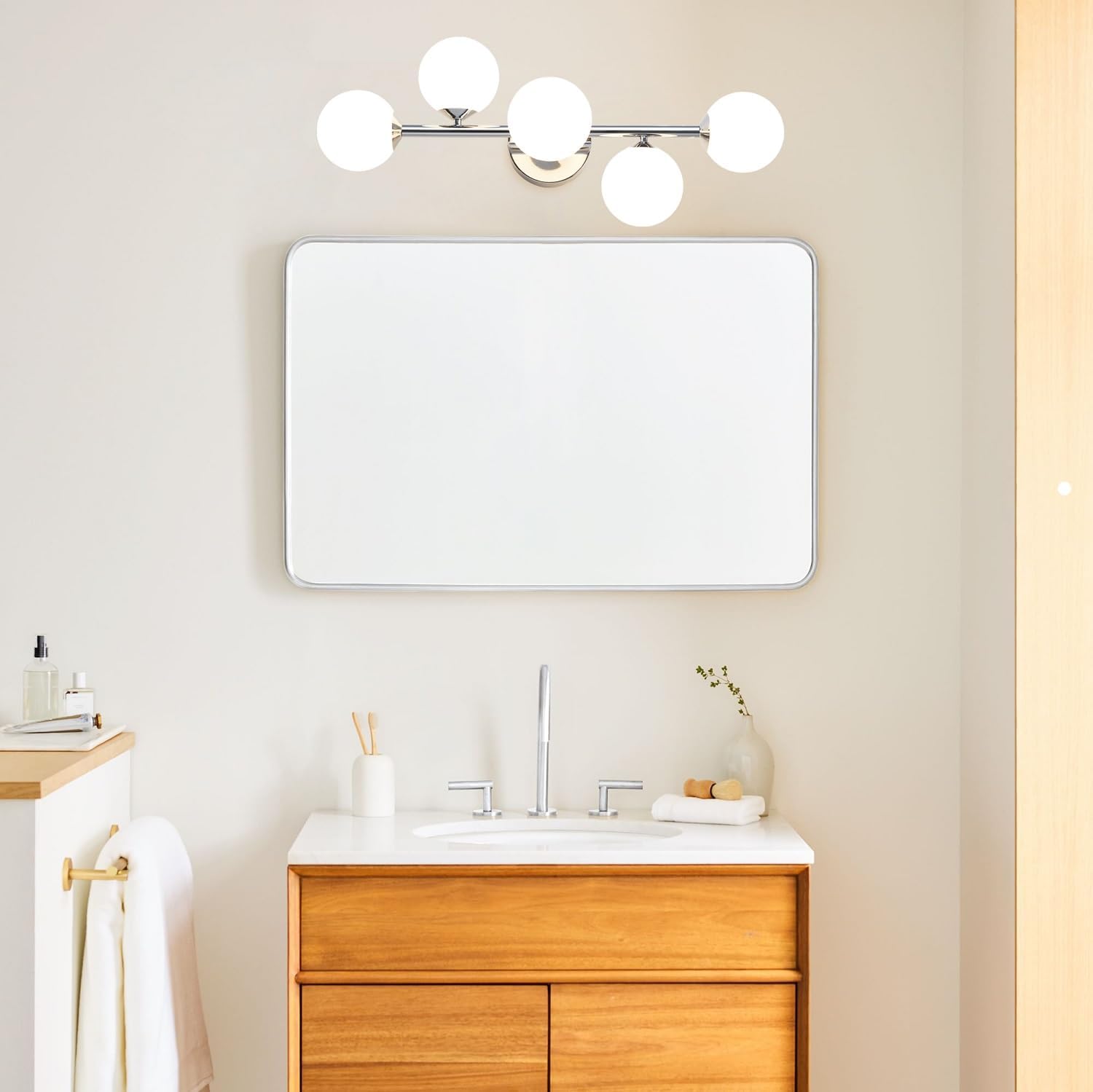 Mid Century Modern Bathroom Vanity Lights - 5-Light Chrome Dimmable LED Fixtures with Frosted Milk Glass, Wall Sconces Included