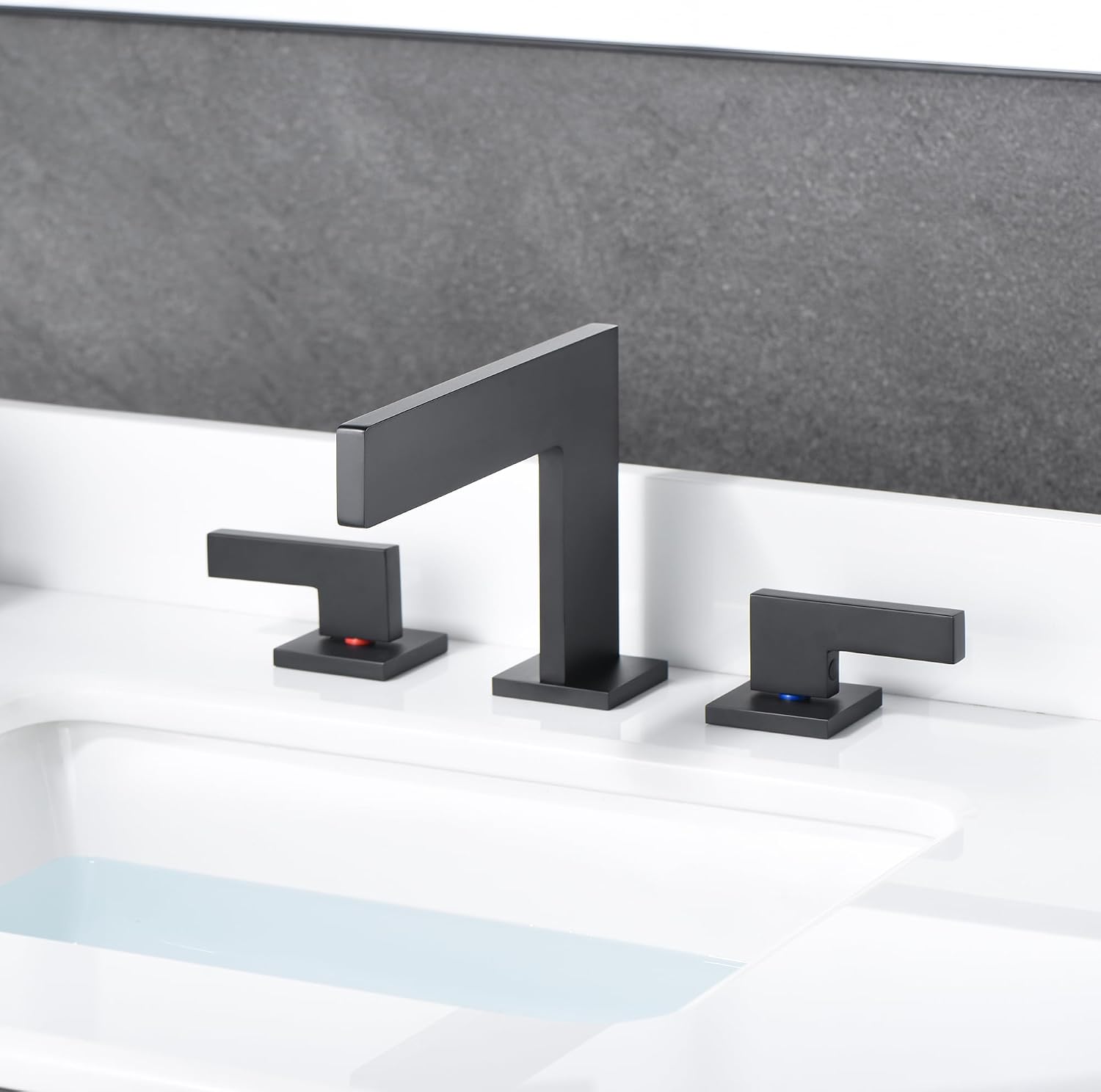 Sumerain Widespread Matte Black Waterfall Bathroom Sink Faucet 8 Inch 3 Hole Lavatory Faucet Vanity Faucet with Brass Valve