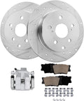 Detroit Axle - Rear Drilled Brake Rotors Ceramic Brake Pads + Driver Side Brake Caliper Replacement for 2010-2012 Lexus HS250H - 5pc Set