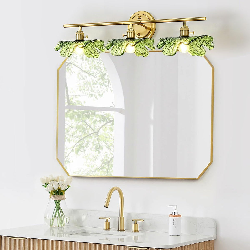 3 Light Green Glass Wall Sconces Art Deco Leaf Bathroom Lighting Fixtures Over Mirror, Gold brass Wall Sconce Vintage Wall Light Mid Century Modern Vanity Lights for Living Room Bedroom Hallway