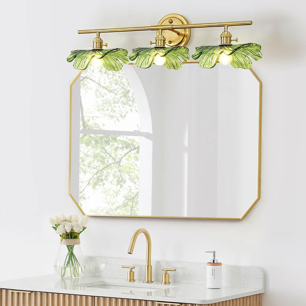 3 Light Green Glass Wall Sconces Art Deco Leaf Bathroom Lighting Fixtures Over Mirror, Gold brass Wall Sconce Vintage Wall Light Mid Century Modern Vanity Lights for Living Room Bedroom Hallway