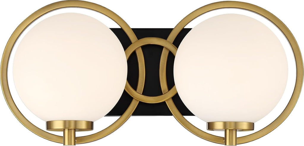Savoy House 8-6180-2-143 Alhambra Vintage Mid-Century Modern Soft Frosted Glass Bathroom Vanity Wall Light, 2-Light 120 Total Watts, 8' H x 16' W, Matte Black with Warm Brass