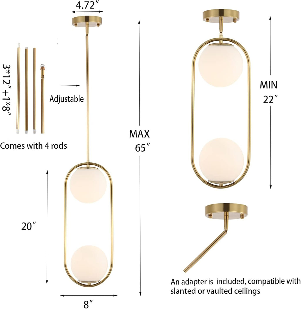BYOLIIMA Modern Gold Globe Chandelier 2-Lights Mid Century Pendant Light Brushed Brass Ceiling Hanging Lighting Fixture with White Globe Glass Lampshade for Kitchen Island Dining Room Bedroom