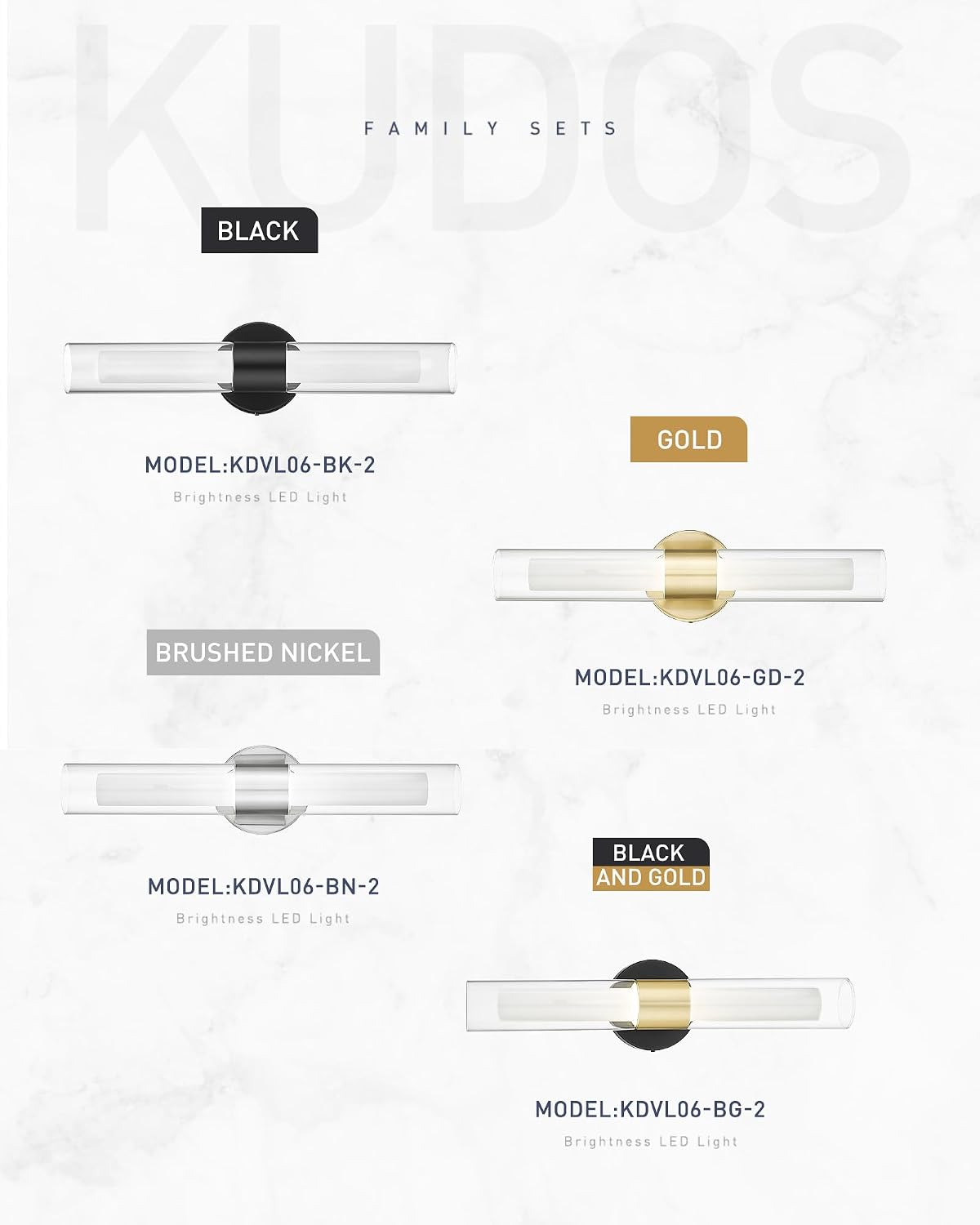 kudos Gold Modern Sconces Wall Lighting, 2Pc Wall Sconces with Clear Glass and Frosted Glass, Modern LED Vanity Light for Bathroom, 3000K/4500K/6000K Adjustable,KDVL06-GD-2-2PK