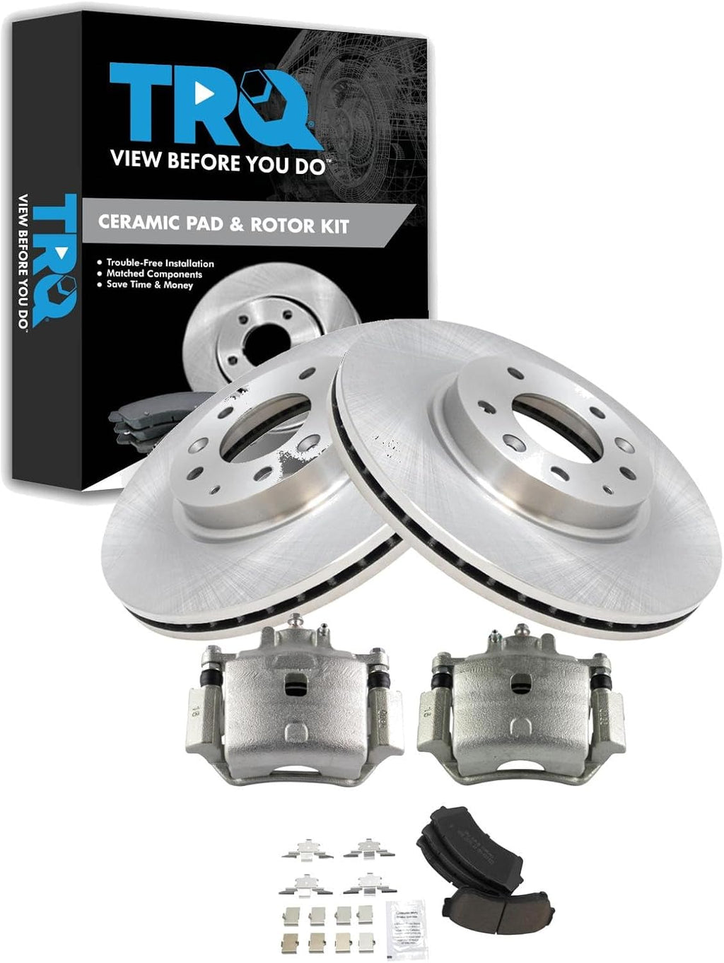 TRQ Front Brake Pad and Rotor Set Ceramic Vented Rotors Calipers Compatible with 2006-2012 Ford Fusion 2007-2012 Lincoln MKZ 2006 Zephyr 2006-2011 Mercury Milan