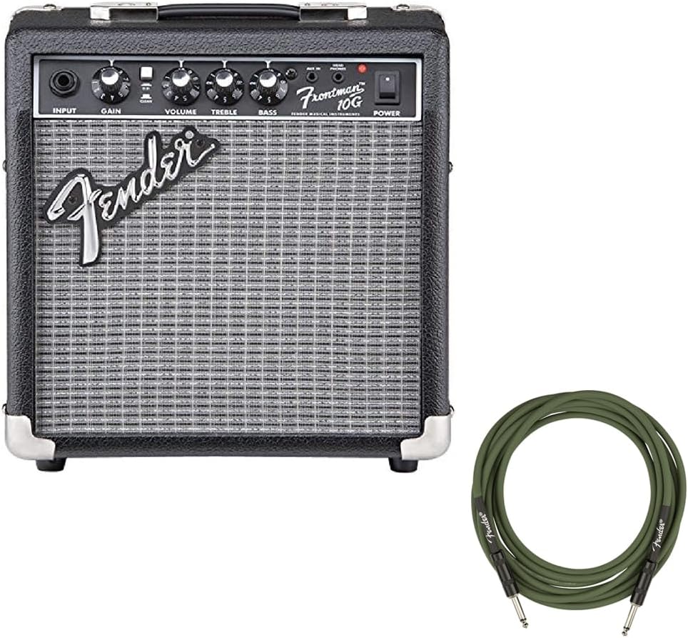 Fender Frontman 10G Guitar Amplifier (2311000000) Bundle with Fender 13ft Straight/Straight Joe Strummer Instrument Cable (Drab Green)