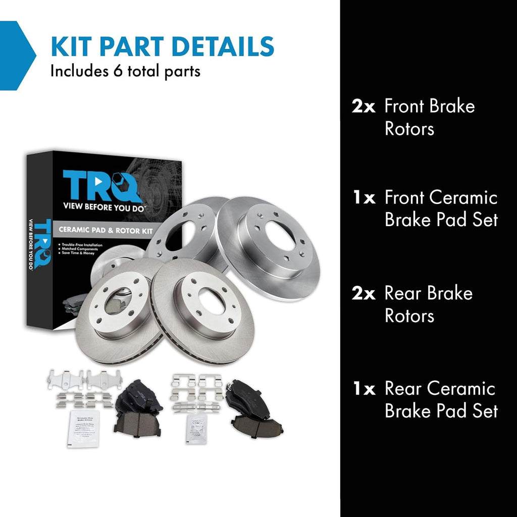 TRQ Front and Rear Ceramic Brake Pad and Rotor Set Compatible with 2002-2005 Hyundai Elantra