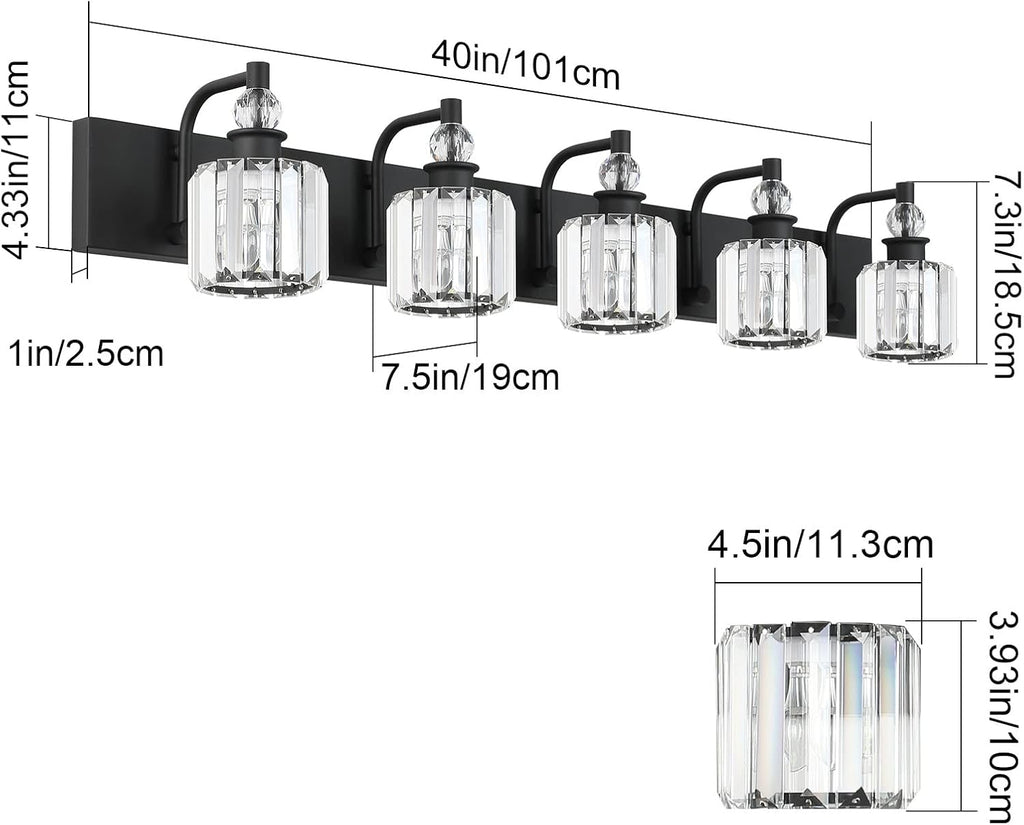Ralbay Crystal Black Vanity Light Fixtures 5 Light Crystal Bathroom Light Fixtures Over Long Mirror Modern Matte Black Bath Wall Lights