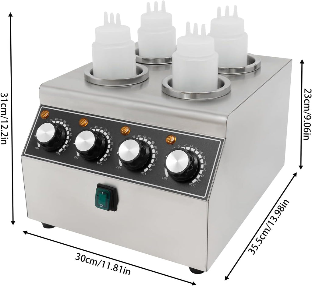 Electric Sauce Warmer Dispenser, 4 Grids Countertop Stainless Steel Sauce Heat Preservation Machine Hot Fudge Bottle Warmer Nacho Cheese Warmer Dispenser 86-185 ℉ 650ml