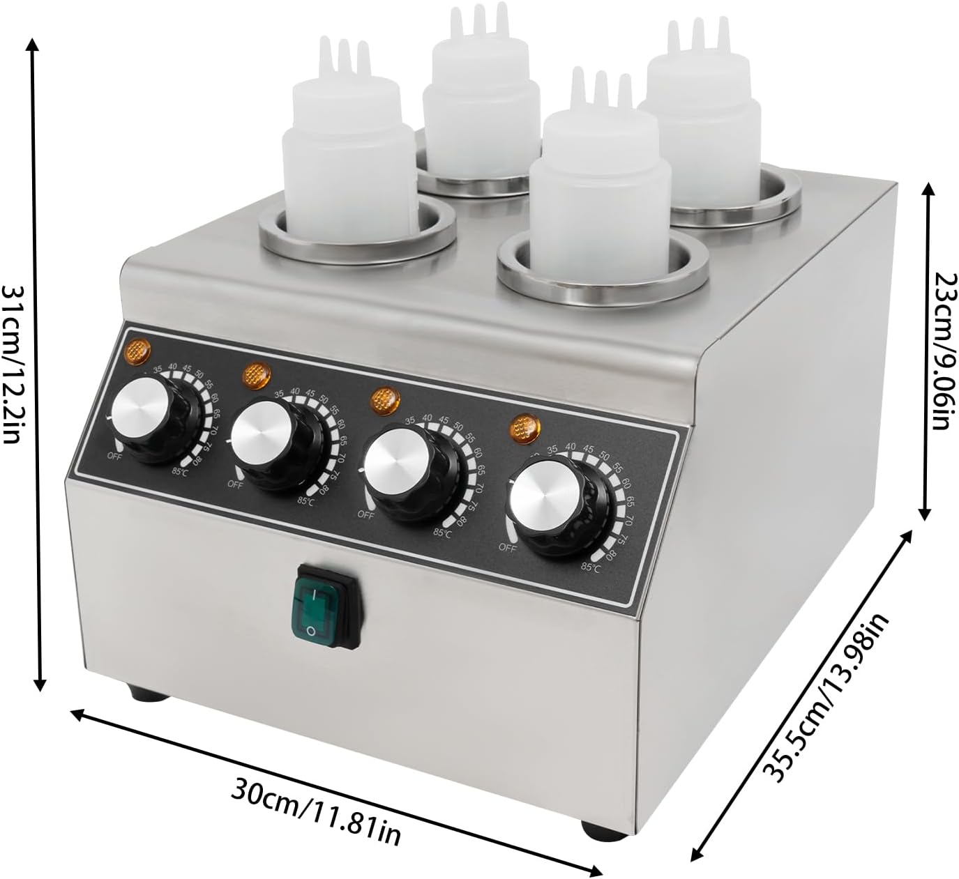 Electric Sauce Warmer Dispenser, 4 Grids Countertop Stainless Steel Sauce Heat Preservation Machine Hot Fudge Bottle Warmer Nacho Cheese Warmer Dispenser 86-185 ℉ 650ml