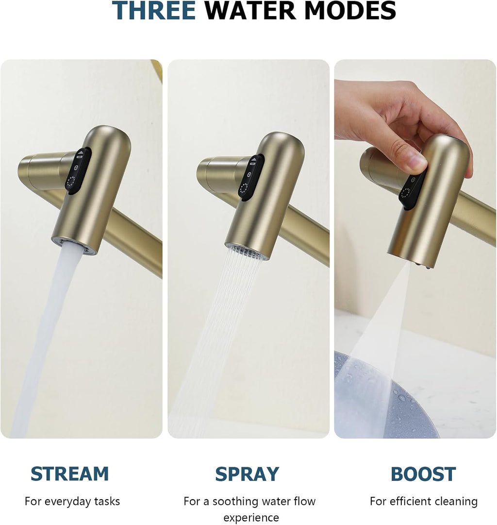Lefton Rotatable Bathroom Faucet with Temperature Display in Fahrenheit (Batteries-Free), 3 Water Modes, Brushed Gold, BF2204-6