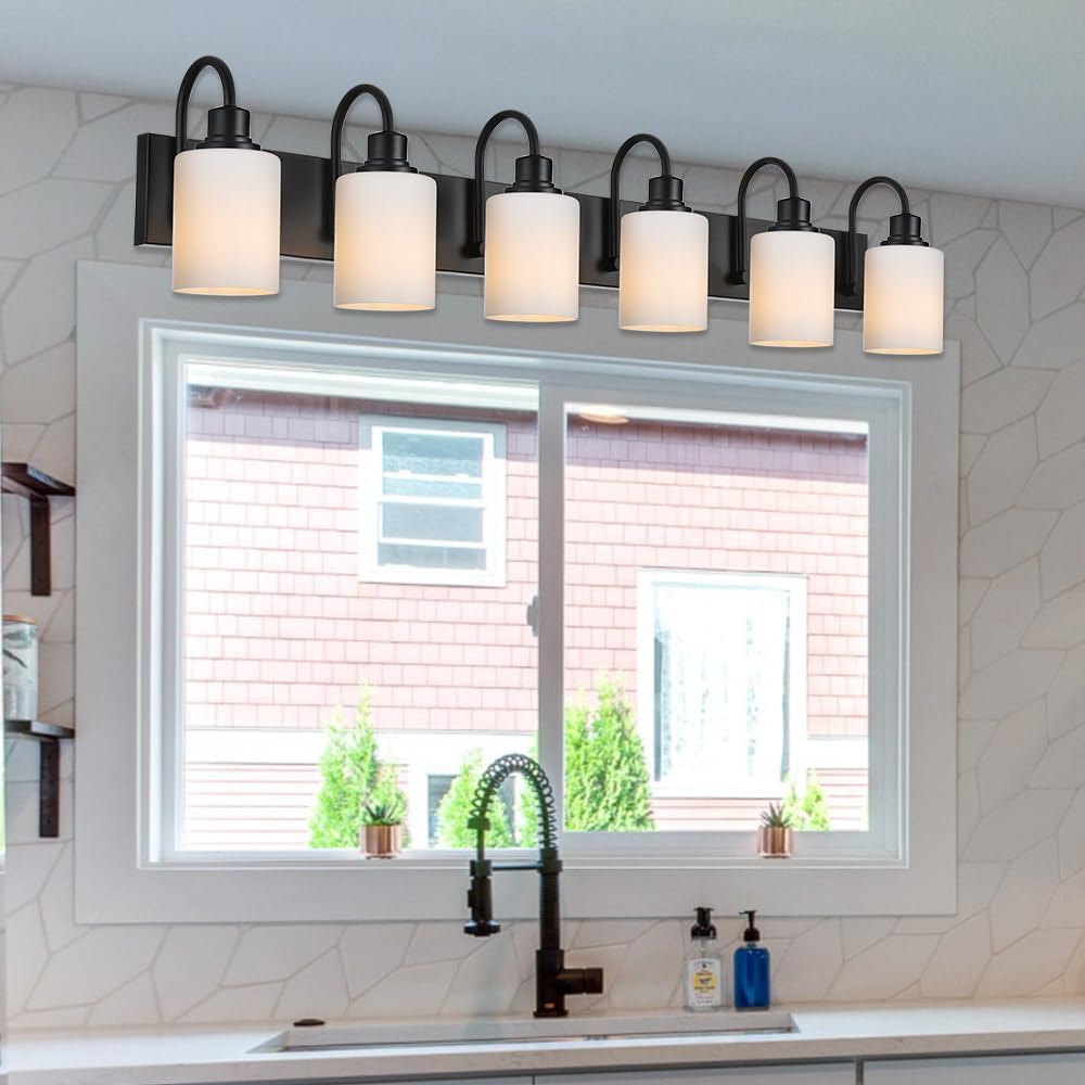 6 Light Wall Lighting Fixture in Matte Black Finish,Classic Bathroom Vanity Light with Opal White Glass Shade Modern Wall Lamp Sconces for Hallway Makeup Table