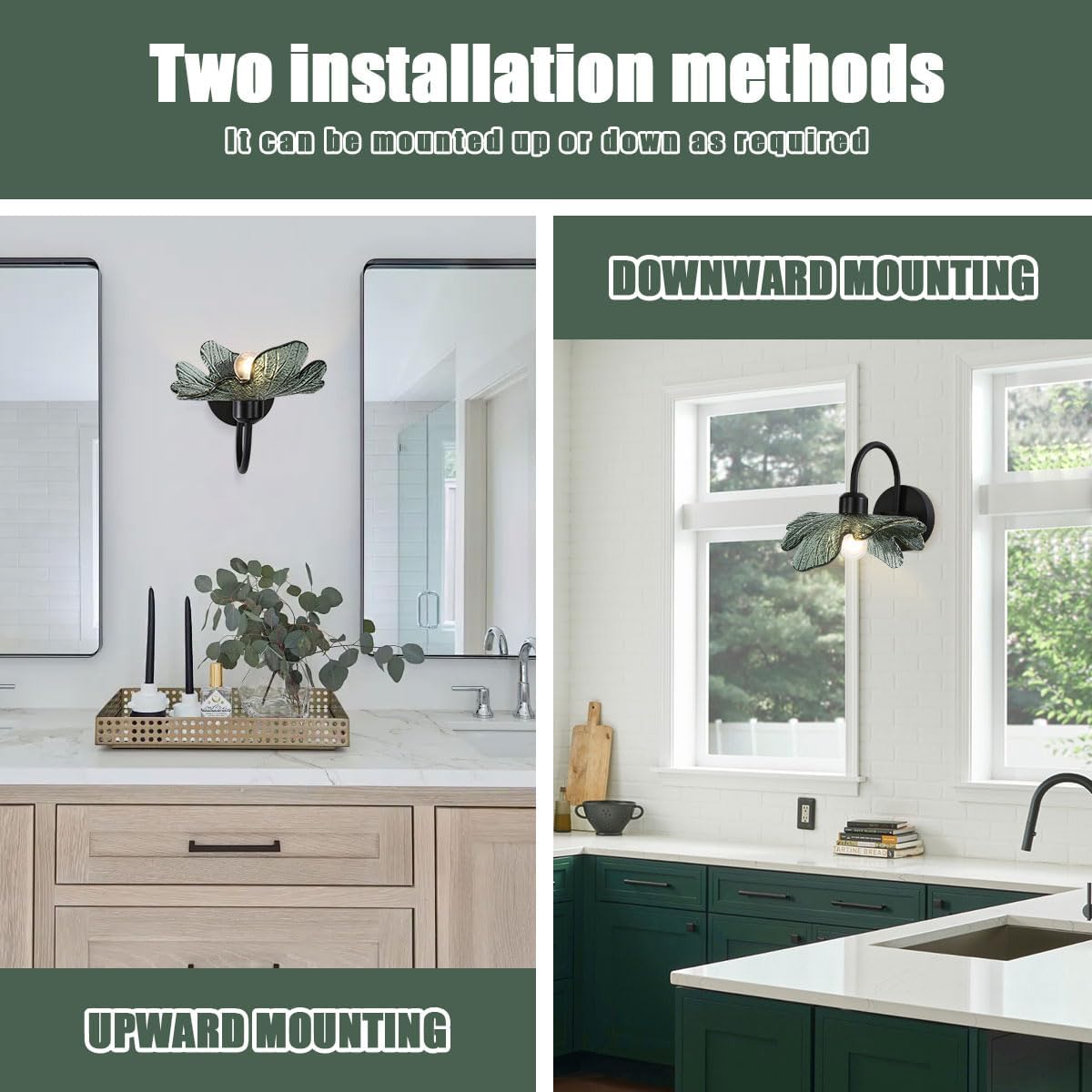 Black Bathroom Vanity Light Vintage Wall Sconce Black Wall Lamp Sconces Wall Decor Set of 2 with Dark Green Glass Shade Vanity Lighting Fixture Over Mirror for Bedroom Hallway Living Room