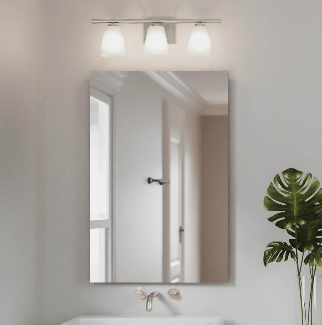 Quoizel Brindley Bath Vanity Lights, 23 Inch 3-Light Brushed Nickel Transitional Bathroom Lighting Fixtures Over Mirror, Opal Etched Glass Shades, Wall Mount Light for Bathroom