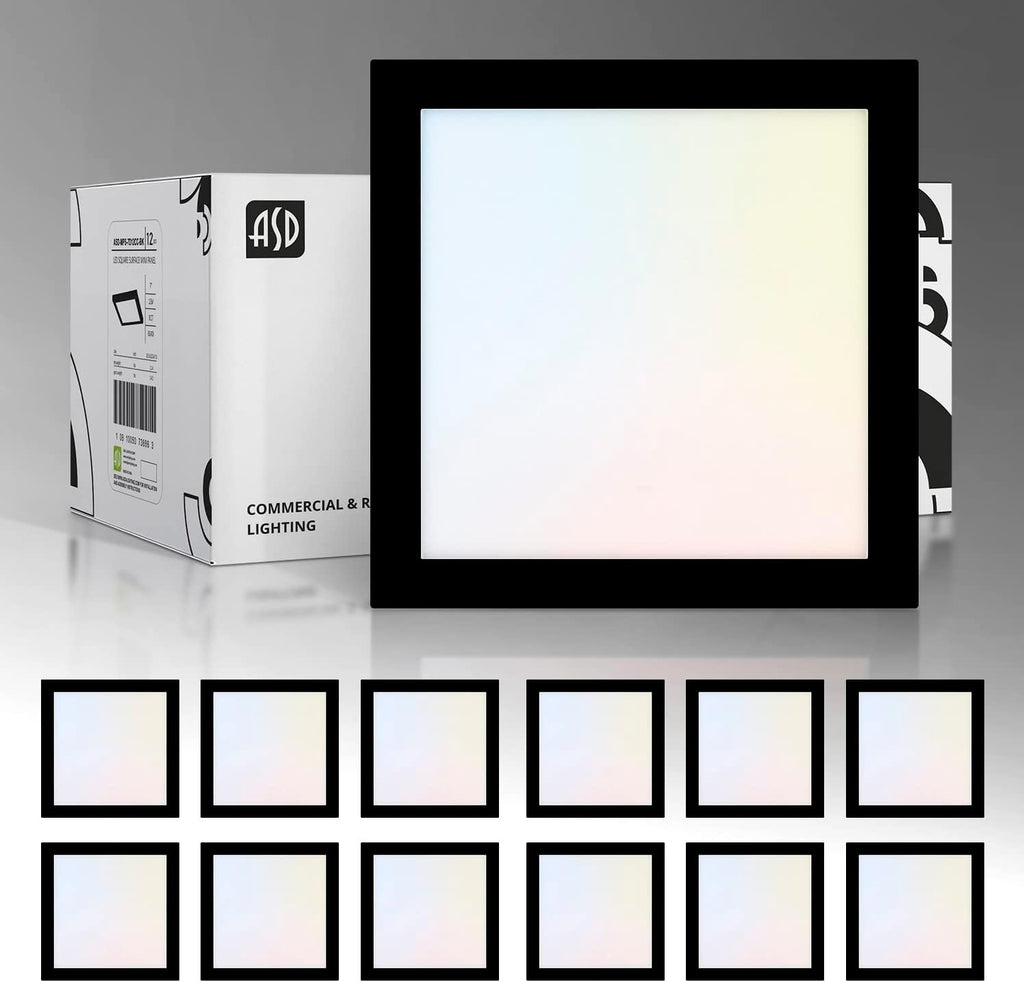 ASD LED 5' Square Flush Mount Light | 10W 740LM 3000-5000K 120V | 3CCT, Dimmable, Ultra Slim, ETL Listed | Thin Surface Lamp, Bedroom Ceiling Lighting | Black, 12 Pack