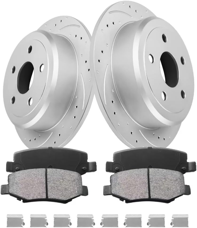Brake Pads And Rotors Kit Compatible With 2007-2017 Jeep Wrangler, 2018 Wrangler JK, Rear Automotive Replacement Brake Kits Drilled And Slotted Rotors Geomet 316mm(12.4in) 53041 D1274-8390
