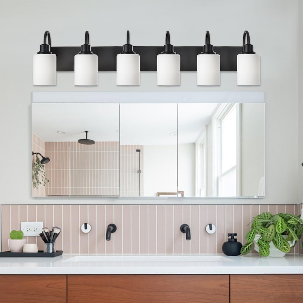 6 Light Wall Lighting Fixture in Matte Black Finish,Classic Bathroom Vanity Light with Opal White Glass Shade Modern Wall Lamp Sconces for Hallway Makeup Table