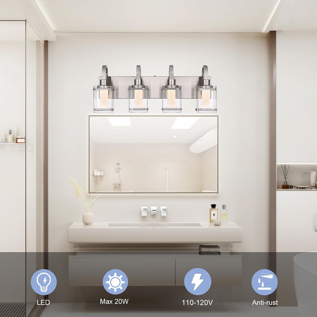 TODOLUZ 4-Light Bathroom Vanity Light,Brushed Nickel LED Modern Wall Light with 5 Color Modes LED Bathroom Light Fixture with Frosted Column and Clear Glass Shade Vanity Lights