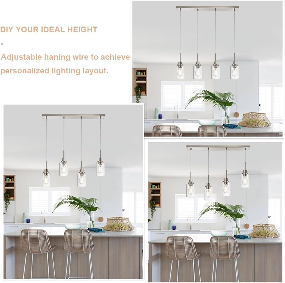 4-Lights Pendant Light Fixtures, Modern Brushed Nickel Kitchen Island Lighting with Clear Glass Shade, Adjustable Hanging Ceiling Lamp