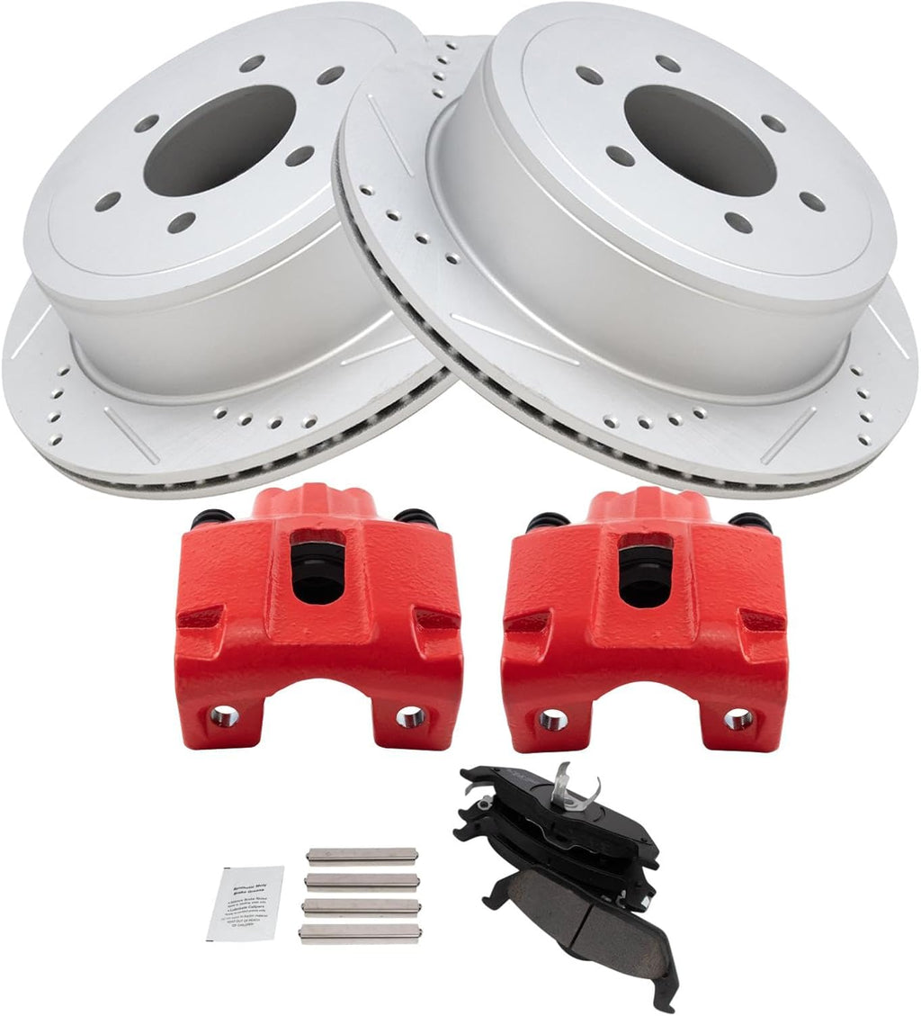 TRQ Performance Rear Brake Pad and Rotor Set Ceramic Coated Drilled Slotted Vented Rotors Calipers Red Compatible with 2004-2011 Ford F-150 2006-2008 Lincoln Mark LT