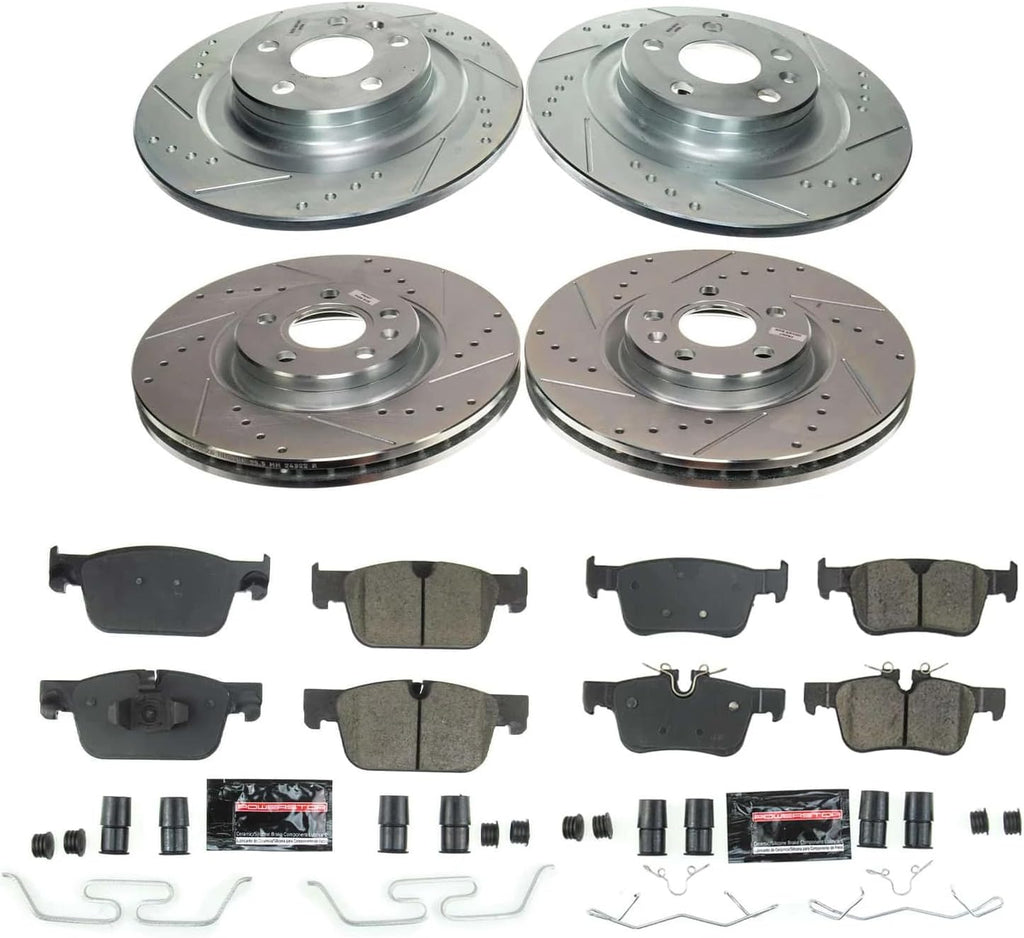 PowerStop Front and Rear Brake Kit for Volvo S60 2019-25 |S90 2017-24 |V60 2019-21 |V60 Cross Country 2020-23 - Drilled and Slotted Disc Rotors with Carbon-Fiber Ceramic Brake Pads Replacement, K8226