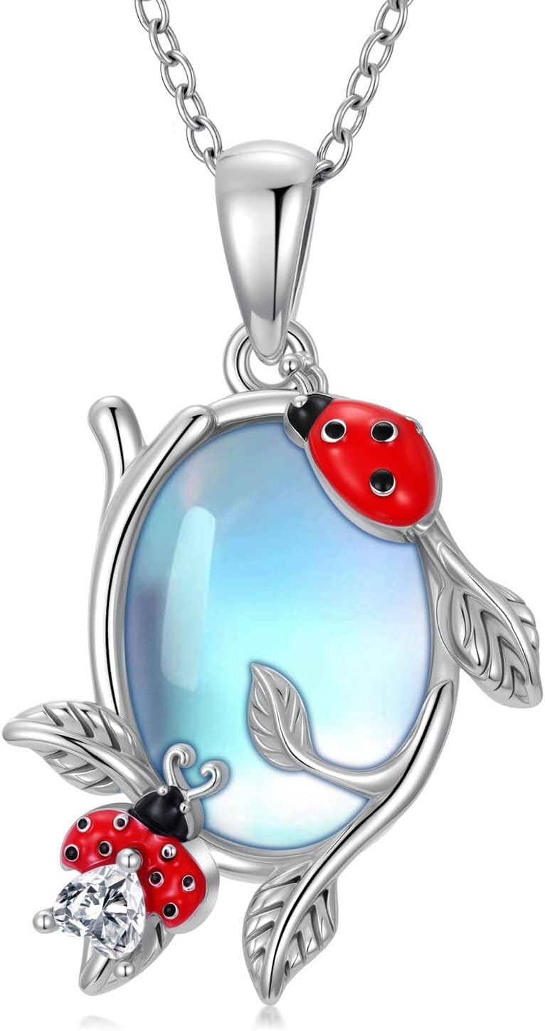Moonstone Ladybug Necklace for Women 925 Sterling Silver Moonstone Pendant Nature Inspired Lucky Jewelry Gift for Mom Daughter Wife