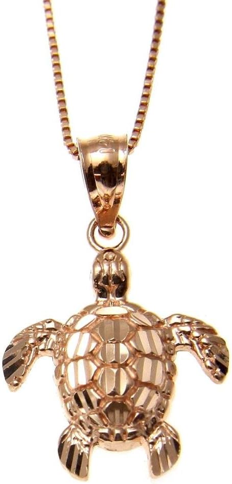 Arthur's Jewelry 14K solid rose gold 12mm sparkly diamond cut Hawaiian sea turtle honu charm pendant