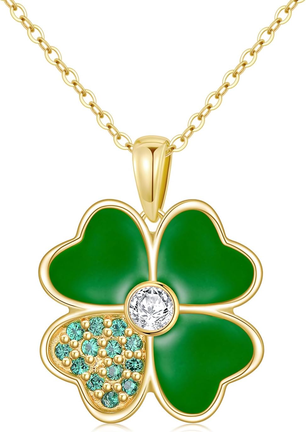Aihpos Four Leaf Clover Necklace for Women 14K Solid Gold Green Lucky 4 Leaf Clover Necklace Ladybug Necklace