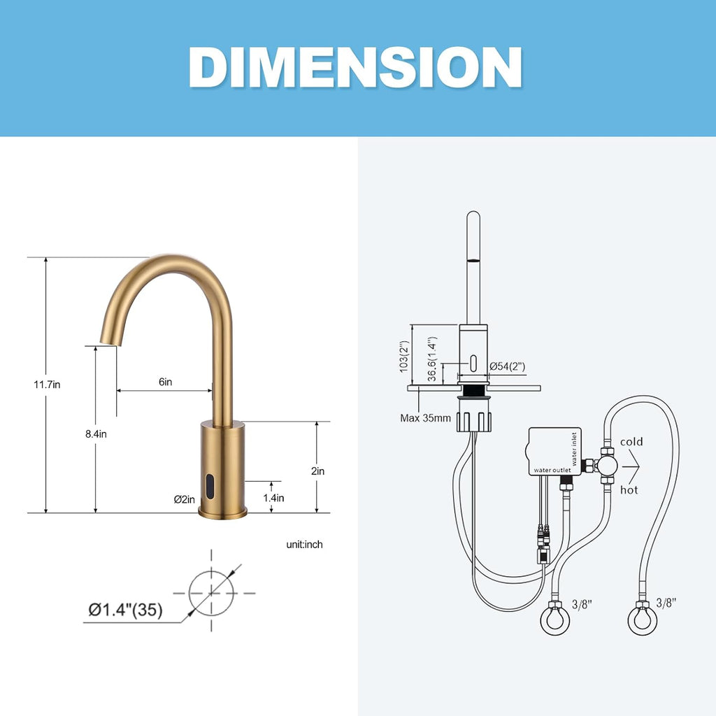 Automatic Touchless Bathroom Sink Faucet, WOWOW Motion Automatic Sensor Bathroom Faucet with Deck Plate, 1 or 3 Holes Motion Sensor Vanity Tap Hands Free Temperature Mixer, Brushed Gold