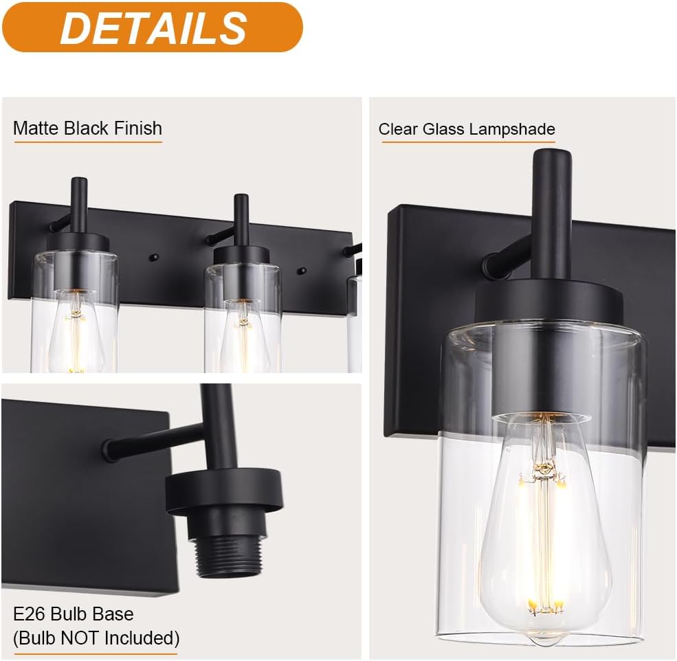 4 Lights Bathroom Vanity Light Fixture Black Sconces Wall Lighting with Clear Glass Shade Modern Industrial Indoor Wall Mounted Lamp, Farmhouse Lighting for Kitchen (Patent No.: US D958,438 S)