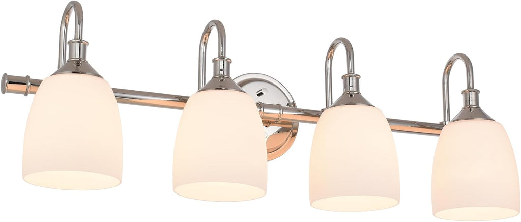 4-Light Polished Nickel Bathroom Vanity Light Fixtures Over Mirror, Vintage Vanity Lights for Living Room, Milk White Glass Shades, Standard E26 Base